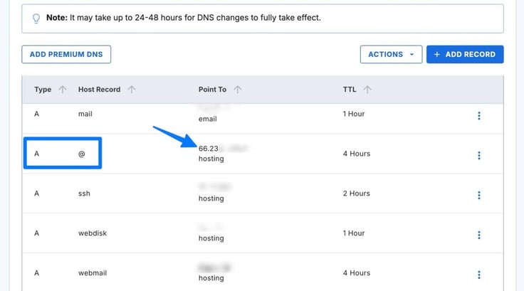 A cPanel-style DNS zone editor lists A records for a domain, with a blue box and arrow highlighting the root "@" host record pointing to a partially obscured hosting IP address (starting 66.23) with a 4-hour TTL, alongside other visible records for mail, ssh, webdisk, and webmail subdomains. A cPanel-style DNS zone editor lists A records for a domain, with a blue box and arrow highlighting the root "@" host record pointing to a partially obscured hosting IP address (starting 66.23) with a 4-hour TTL, alongside other visible records for mail, ssh, webdisk, and webmail subdomains.