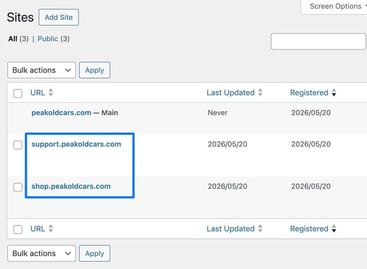 The WordPress Network Admin Sites listing shows three registered sites total, with the main peakoldcars.com site plus two subdomain sites, support.peakoldcars.com and shop.peakoldcars.com, both boxed in blue and both registered and last updated on 2026/05/20, demonstrating a successful subdomain multisite network setup. The WordPress Network Admin Sites listing shows three registered sites total, with the main peakoldcars.com site plus two subdomain sites, support.peakoldcars.com and shop.peakoldcars.com, both boxed in blue and both registered and last updated on 2026/05/20, demonstrating a successful subdomain multisite network setup.