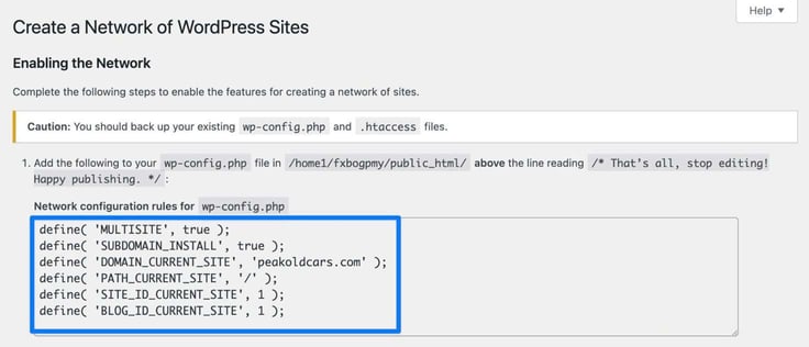 Image of the WordPress network setup screen guiding users through enabling multisite features, displaying a caution notice about backing up configuration and htaccess files before editing, alongside a highlighted code block containing network configuration constants for subdomain-based installs, current site domain, path, and site ID values needed to activate WordPress Multisite on Bluehost. Image of the WordPress network setup screen guiding users through enabling multisite features, displaying a caution notice about backing up configuration and htaccess files before editing, alongside a highlighted code block containing network configuration constants for subdomain-based installs, current site domain, path, and site ID values needed to activate WordPress Multisite on Bluehost.