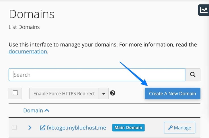 Image of the cPanel Domains management interface listing existing domains with a search field, a Force HTTPS Redirect option, and a highlighted Create A New Domain button, arrow-annotated to show where users begin adding a wildcard subdomain for their WordPress Multisite network on Bluehost. Image of the cPanel Domains management interface listing existing domains with a search field, a Force HTTPS Redirect option, and a highlighted Create A New Domain button, arrow-annotated to show where users begin adding a wildcard subdomain for their WordPress Multisite network on Bluehost.