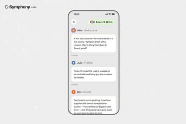 Symphony by Wix mobile app showing AI agents sharing updates on lead nurturing, finance, and growth tasks. Symphony by Wix mobile app showing AI agents sharing updates on lead nurturing, finance, and growth tasks.
