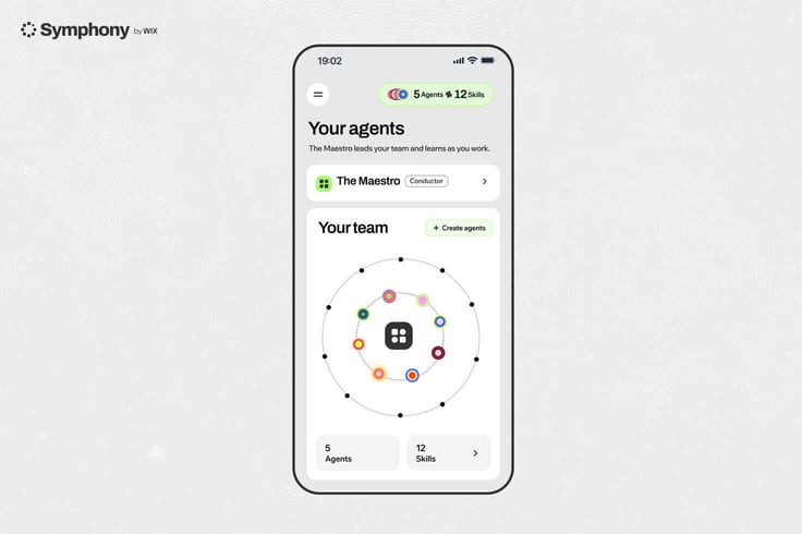 Symphony by Wix mobile app showing the Maestro and a team of five AI agents with 12 skills. Symphony by Wix mobile app showing the Maestro and a team of five AI agents with 12 skills.