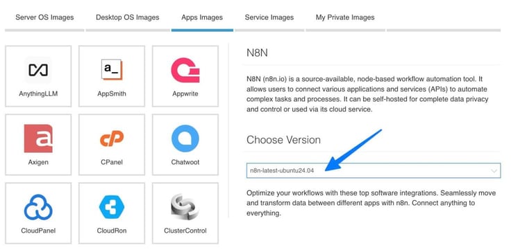 Image of the Kamatera Apps Images marketplace tab displaying selectable application icons including AnythingLLM, AppSmith, Appwrite, cPanel, and Chatwoot, with the N8N application selected and a version dropdown set to the latest Ubuntu 24.04 build, arrow-annotated toward the version selector used to deploy the workflow automation tool. Image of the Kamatera Apps Images marketplace tab displaying selectable application icons including AnythingLLM, AppSmith, Appwrite, cPanel, and Chatwoot, with the N8N application selected and a version dropdown set to the latest Ubuntu 24.04 build, arrow-annotated toward the version selector used to deploy the workflow automation tool.