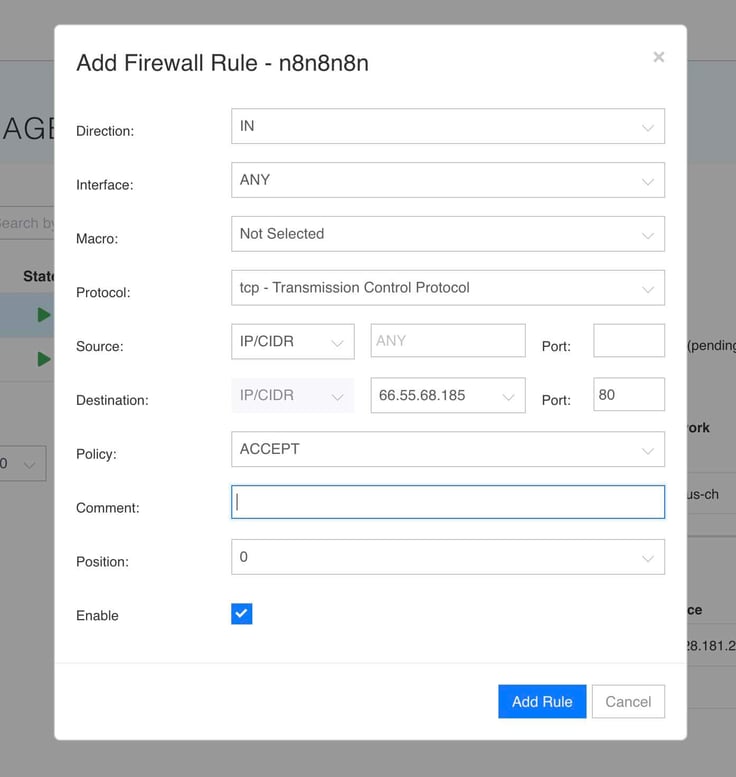 Image of the Kamatera Add Firewall Rule modal for an n8n server showing configurable direction, interface, protocol, source, and destination fields with an inbound TCP rule set to accept traffic on port 80, used to open web access to the hosted application. Image of the Kamatera Add Firewall Rule modal for an n8n server showing configurable direction, interface, protocol, source, and destination fields with an inbound TCP rule set to accept traffic on port 80, used to open web access to the hosted application.