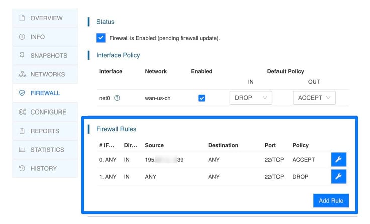 Image of the Kamatera firewall settings panel for an n8n server with the Firewall Rules section outlined, listing an accept rule for a specific source IP on port 22 and a drop rule for all other SSH traffic, alongside an Add Rule button used to create additional access controls. Image of the Kamatera firewall settings panel for an n8n server with the Firewall Rules section outlined, listing an accept rule for a specific source IP on port 22 and a drop rule for all other SSH traffic, alongside an Add Rule button used to create additional access controls.