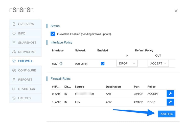 Image of the Kamatera firewall configuration screen for an n8n server displaying interface policy and firewall rules tables with SSH access restricted to one source IP address, arrow-annotated toward the Add Rule button used to create a new inbound rule for the application. Image of the Kamatera firewall configuration screen for an n8n server displaying interface policy and firewall rules tables with SSH access restricted to one source IP address, arrow-annotated toward the Add Rule button used to create a new inbound rule for the application.