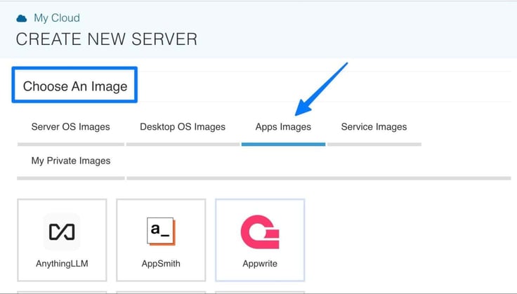 Image of the Kamatera Create New Server image selection screen with the Apps Images tab active and the Appwrite icon highlighted among available application templates including AnythingLLM and AppSmith, arrow-annotated toward the Choose An Image section header. Image of the Kamatera Create New Server image selection screen with the Apps Images tab active and the Appwrite icon highlighted among available application templates including AnythingLLM and AppSmith, arrow-annotated toward the Choose An Image section header.