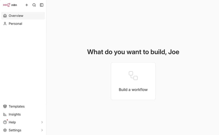 Image of the n8n workflow automation dashboard overview screen displaying a personalized welcome prompt asking what the user wants to build, alongside a Build a Workflow card and sidebar navigation for templates, insights, help, and settings. Image of the n8n workflow automation dashboard overview screen displaying a personalized welcome prompt asking what the user wants to build, alongside a Build a Workflow card and sidebar navigation for templates, insights, help, and settings.