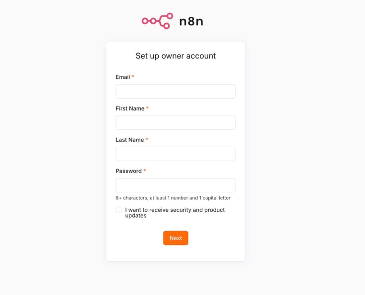 Image of the n8n account setup screen prompting users to create an owner account with empty fields for email, first name, last name, and password, including password requirements and an optional checkbox for security and product update emails. Image of the n8n account setup screen prompting users to create an owner account with empty fields for email, first name, last name, and password, including password requirements and an optional checkbox for security and product update emails.