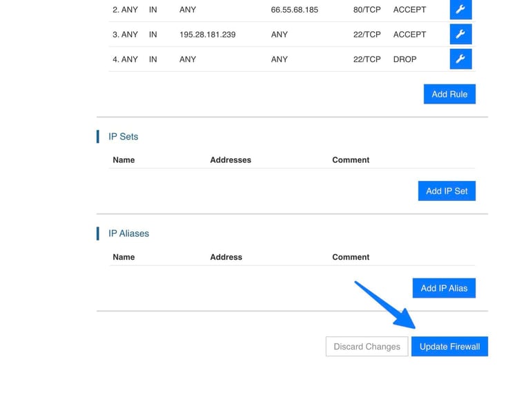 Image of a Kamatera firewall rules table listing inbound TCP rules for ports 80 and 22 with accept and drop policies, along with empty IP Sets and IP Aliases sections, arrow-annotated toward the Update Firewall button used to save new networking security rules. Image of a Kamatera firewall rules table listing inbound TCP rules for ports 80 and 22 with accept and drop policies, along with empty IP Sets and IP Aliases sections, arrow-annotated toward the Update Firewall button used to save new networking security rules.