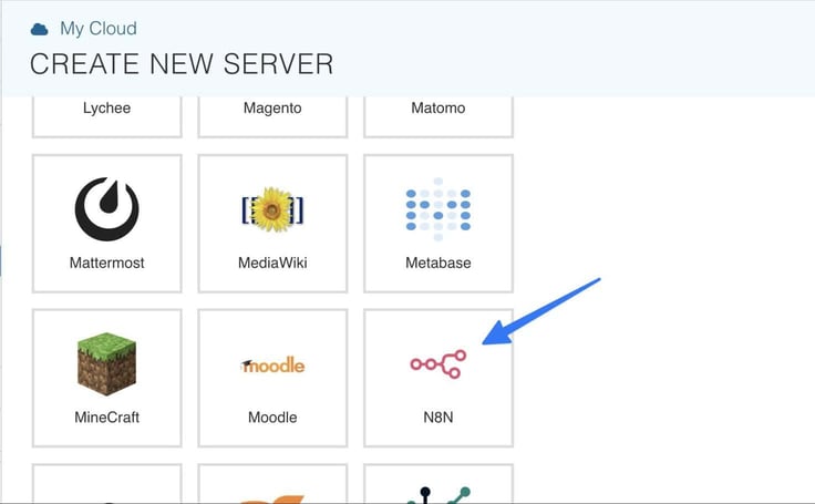 Image of the Kamatera application image marketplace grid showing selectable server templates including Lychee, Magento, Matomo, Mattermost, MediaWiki, Metabase, MineCraft, and Moodle, arrow-annotated toward the N8N workflow automation icon used to deploy the app image. Image of the Kamatera application image marketplace grid showing selectable server templates including Lychee, Magento, Matomo, Mattermost, MediaWiki, Metabase, MineCraft, and Moodle, arrow-annotated toward the N8N workflow automation icon used to deploy the app image.