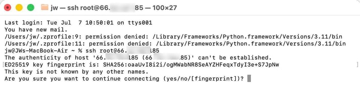Image of a Mac terminal window initiating an SSH connection to a remote root server, displaying a host authenticity verification prompt with an ED25519 key fingerprint and a yes or no confirmation request before establishing the secure connection. Image of a Mac terminal window initiating an SSH connection to a remote root server, displaying a host authenticity verification prompt with an ED25519 key fingerprint and a yes or no confirmation request before establishing the secure connection.