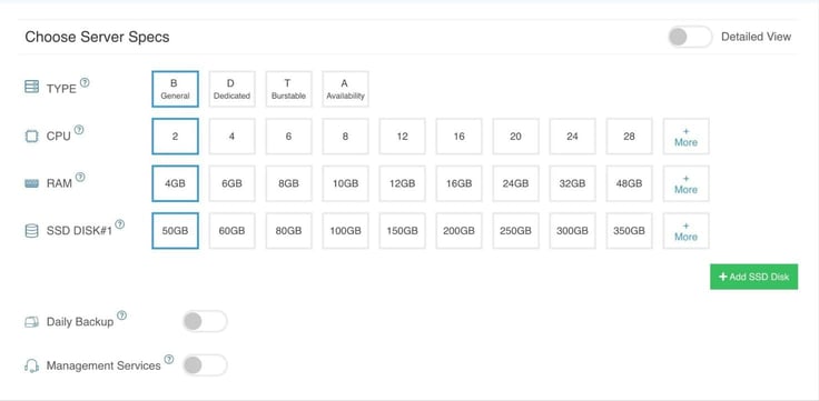 Image of the Kamatera server specification configuration panel showing selectable options for server type, CPU core count, RAM allocation, and SSD disk size, with General type, 2 CPUs, 4GB RAM, and a 50GB disk selected, alongside toggles for daily backup and management services. Image of the Kamatera server specification configuration panel showing selectable options for server type, CPU core count, RAM allocation, and SSD disk size, with General type, 2 CPUs, 4GB RAM, and a 50GB disk selected, alongside toggles for daily backup and management services.