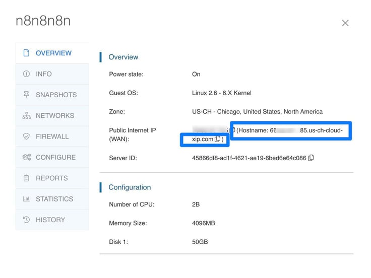 Image of the Kamatera server overview panel for an n8n cloud instance named n8n8n8n, displaying power state, guest OS, and Chicago data center zone details, with the public internet IP and hostname fields highlighted for accessing the deployed workflow automation server. Image of the Kamatera server overview panel for an n8n cloud instance named n8n8n8n, displaying power state, guest OS, and Chicago data center zone details, with the public internet IP and hostname fields highlighted for accessing the deployed workflow automation server.