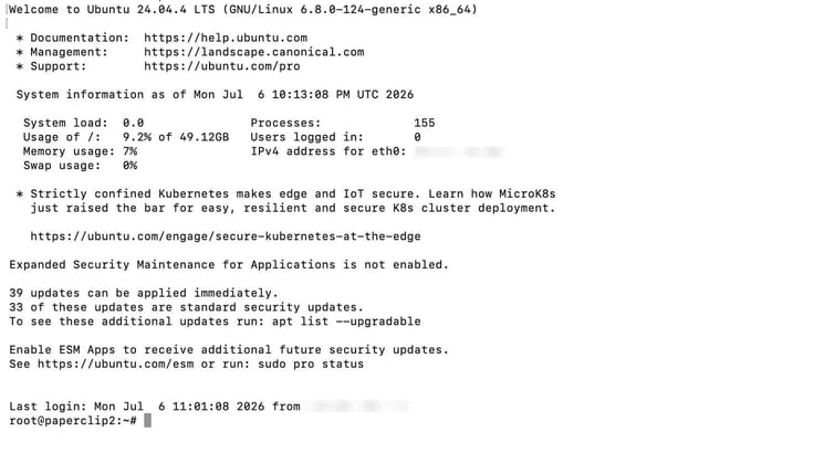 Image of an SSH terminal session showing a fresh Ubuntu 24.04 LTS server login screen with system load, memory usage, and update statistics displayed above a root command prompt, confirming a successful connection to a newly provisioned Kamatera cloud server. Image of an SSH terminal session showing a fresh Ubuntu 24.04 LTS server login screen with system load, memory usage, and update statistics displayed above a root command prompt, confirming a successful connection to a newly provisioned Kamatera cloud server.