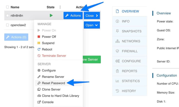 Image of the Kamatera server management dashboard with an active n8n server listed alongside a second server, an open Actions dropdown menu arrow-annotated toward the menu trigger and toward the Reset Password option used to retrieve root login credentials. Image of the Kamatera server management dashboard with an active n8n server listed alongside a second server, an open Actions dropdown menu arrow-annotated toward the menu trigger and toward the Reset Password option used to retrieve root login credentials.