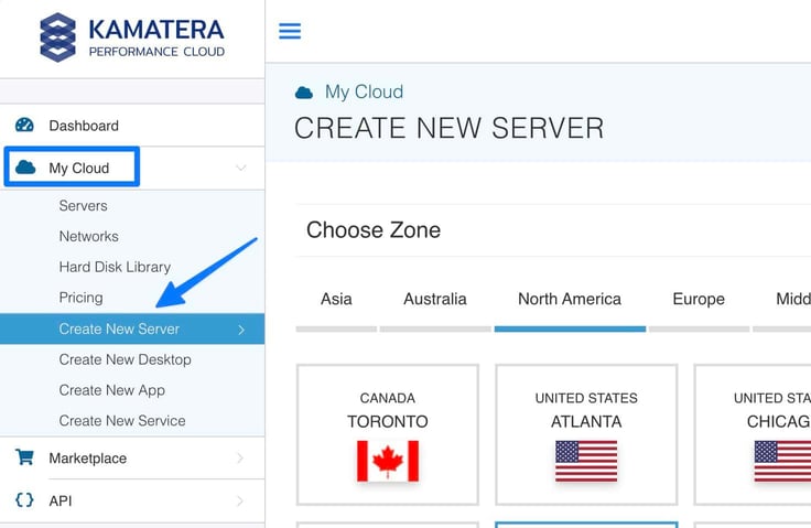 Image of the Kamatera Performance Cloud sidebar navigation with the My Cloud menu expanded and Create New Server highlighted, displaying a zone selection screen filtered to North America with Canada and United States data center options for launching a new cloud instance. Image of the Kamatera Performance Cloud sidebar navigation with the My Cloud menu expanded and Create New Server highlighted, displaying a zone selection screen filtered to North America with Canada and United States data center options for launching a new cloud instance.