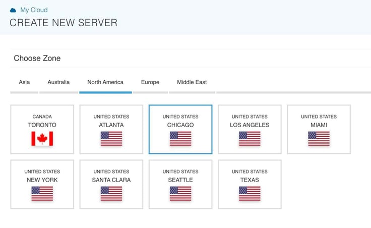 Image of the Kamatera zone selection interface showing regional tabs for Asia, Australia, North America, Europe, and the Middle East, with the Chicago United States data center highlighted among several other North American zone options for hosting an n8n server. Image of the Kamatera zone selection interface showing regional tabs for Asia, Australia, North America, Europe, and the Middle East, with the Chicago United States data center highlighted among several other North American zone options for hosting an n8n server.