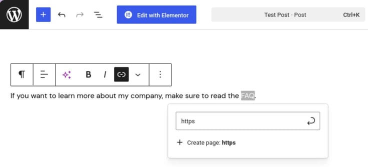 Image of the WordPress block editor interface with the text formatting toolbar active and a hyperlink insertion field open, where a partial URL beginning with https is being typed into a post to demonstrate linking internal pages with the secure protocol prefix.