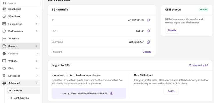 Image of the Hostinger hPanel SSH Access dashboard displaying server connection details including IP address, port number, and username fields alongside an active SSH status indicator, along with terminal command and SSH client login options used for accessing website files during HTTPS configuration.