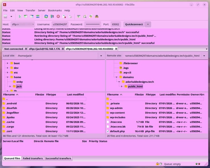 Image of the FileZilla SFTP client connected to a remote hosting server, showing the public_html directory of a WordPress website with core folders like wp-admin, wp-content, and wp-includes alongside htaccess and htaccess backup files, which are commonly edited to force HTTPS redirects.