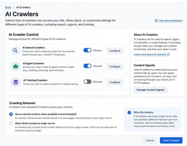 Mockup of an AI crawler settings dashboard showing separate controls for AI Search, AI Agent, and AI Training crawlers, along with options for serving cached content or allowing direct access to the origin server.