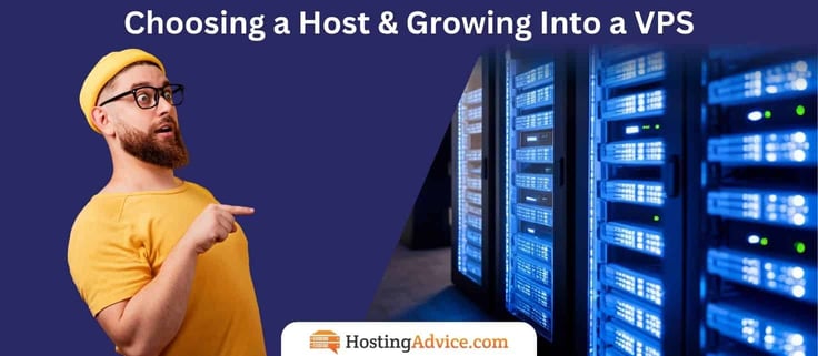 Man in yellow beanie pointing at a glowing blue data center server rack, illustrating the transition from choosing a web host to growing into VPS hosting, HostingAdvice.com infographic. Man in yellow beanie pointing at a glowing blue data center server rack, illustrating the transition from choosing a web host to growing into VPS hosting, HostingAdvice.com infographic.