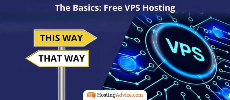 Section header for the basics of free VPS hosting. A yellow-and-white signpost pointing "This Way" and "That Way" sits on navy blue beside a glowing neon VPS circuit board graphic. Section header for the basics of free VPS hosting. A yellow-and-white signpost pointing "This Way" and "That Way" sits on navy blue beside a glowing neon VPS circuit board graphic.