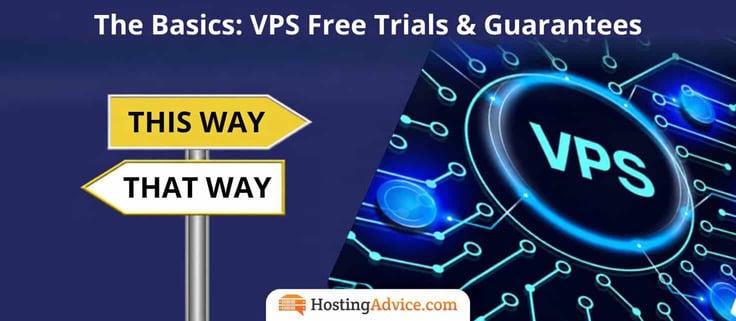 Infographic titled "The Basics: VPS Free Trials & Guarantees," showing two directional street signs reading "This Way" and "That Way" beside a glowing blue circuit-style graphic with the word "VPS" at its center.
