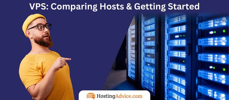 Infographic titled "VPS: Comparing Hosts & Getting Started," showing an illustrated man in a yellow beanie and glasses pointing toward an image of blue-lit server racks in a data center.