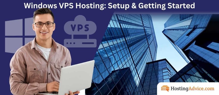 Windows VPS hosting setup and getting started section header featuring a smiling man in glasses working on a laptop, with Windows and VPS server icons against a navy background and glass office towers.