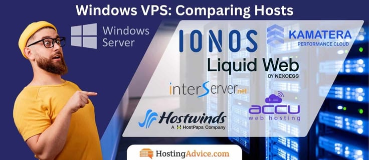 Comparing the best Windows VPS hosts: a surprised man in a yellow beanie points to logos for IONOS, Kamatera, Liquid Web, InterServer, Hostwinds, and AccuWebHosting beside a Windows Server logo on a server room background.