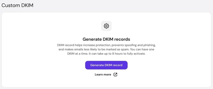 Hostinger's Custom DKIM page, explaining DKIM's role in preventing spoofing and phishing, with a Generate DKIM Record button and an eight-hour activation note. Hostinger's Custom DKIM page, explaining DKIM's role in preventing spoofing and phishing, with a Generate DKIM Record button and an eight-hour activation note.