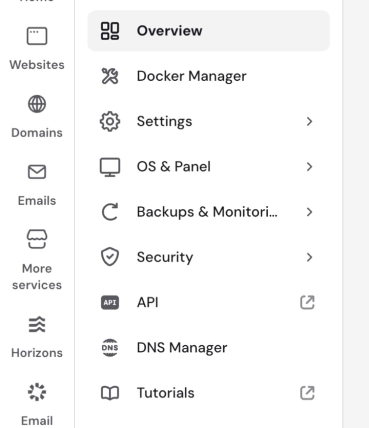 Hostinger's hPanel sidebar menu, listing Overview, Docker Manager, Settings, OS & Panel, Backups & Monitoring, Security, API, DNS M Hostinger's hPanel sidebar menu, listing Overview, Docker Manager, Settings, OS & Panel, Backups & Monitoring, Security, API, DNS M