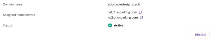 A domain overview panel for adorkabledesigns.tech displaying its assigned nameservers, a green Active status badge, and an Edit DNS button in the top right corner. A domain overview panel for adorkabledesigns.tech displaying its assigned nameservers, a green Active status badge, and an Edit DNS button in the top right corner.