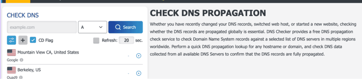 DNS Checker's Check DNS Propagation tool, showing a domain search field, a record-type dropdown set to A, and a list of global DNS server locations used to test propagation status. DNS Checker's Check DNS Propagation tool, showing a domain search field, a record-type dropdown set to A, and a list of global DNS server locations used to test propagation status.
