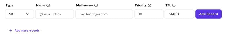 Hostinger's Add MX Record form with fields for Type, Name, Mail server, Priority, and TTL, pre-filled with mx1.hostinger.com, a priority of 10, and a TTL of 14400. Hostinger's Add MX Record form with fields for Type, Name, Mail server, Priority, and TTL, pre-filled with mx1.hostinger.com, a priority of 10, and a TTL of 14400.