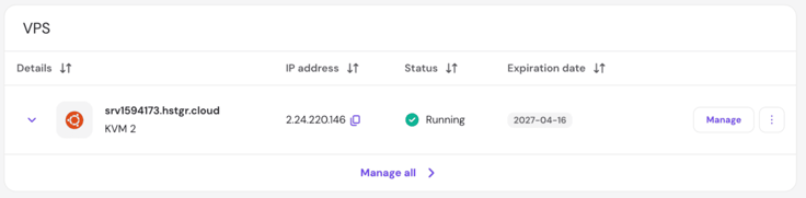 Hostinger's VPS dashboard showing a single active server, srv1594173.hstgr.cloud, running on a KVM 2 plan, with its IP address, running status, and expiration date listed. Hostinger's VPS dashboard showing a single active server, srv1594173.hstgr.cloud, running on a KVM 2 plan, with its IP address, running status, and expiration date listed.