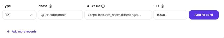Hostinger's Add TXT Record form used for an SPF record, with the TXT value field populated with a v=spf1 include statement pointing to Hostinger's mail servers. Hostinger's Add TXT Record form used for an SPF record, with the TXT value field populated with a v=spf1 include statement pointing to Hostinger's mail servers.