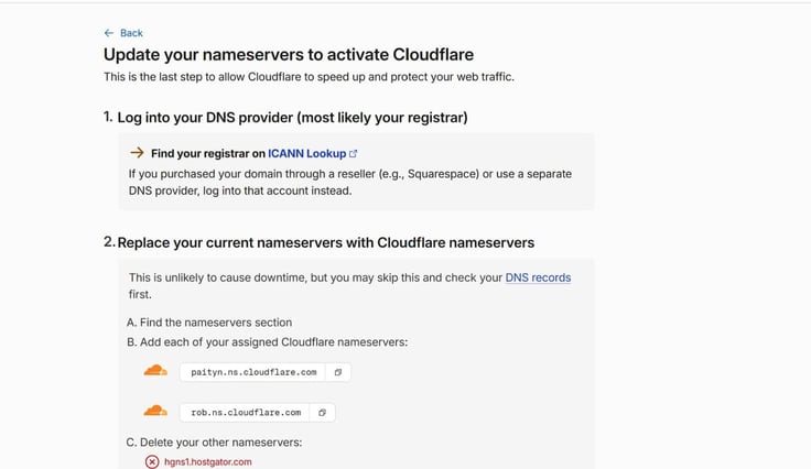 Cloudflare setup panel titled "Update your nameservers to activate Cloudflare," walking through logging into your DNS provider or registrar via ICANN Lookup and replacing existing nameservers with the two assigned Cloudflare nameservers, shown here as paityn.ns.cloudflare.com and rob.ns.cloudflare.com, each with a copy icon beside it, while the old HostGator nameserver hgns1.hostgator.com appears below marked with a red X for deletion. Cloudflare setup panel titled "Update your nameservers to activate Cloudflare," walking through logging into your DNS provider or registrar via ICANN Lookup and replacing existing nameservers with the two assigned Cloudflare nameservers, shown here as paityn.ns.cloudflare.com and rob.ns.cloudflare.com, each with a copy icon beside it, while the old HostGator nameserver hgns1.hostgator.com appears below marked with a red X for deletion.