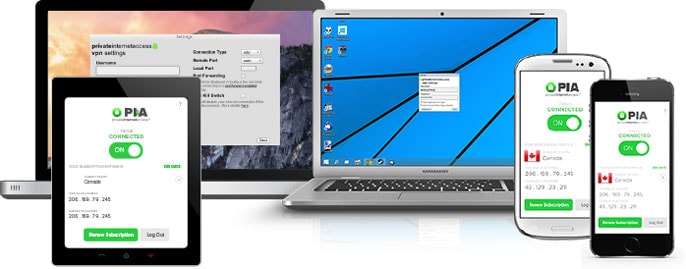 Illustration showing Private Internet Access on laptops, a tablet, and phones