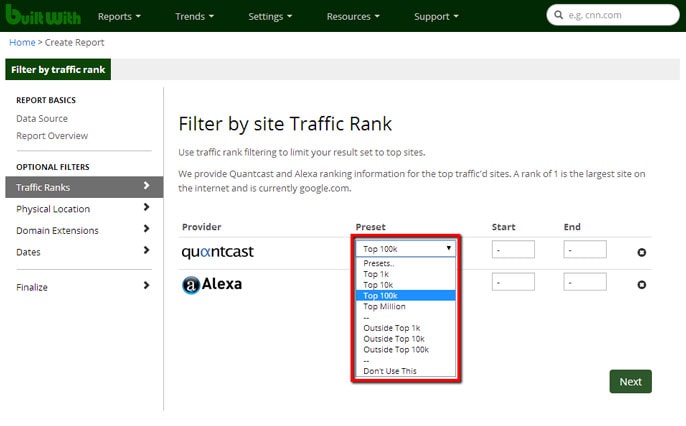 Screenshot of website traffic filter on BuiltWith report