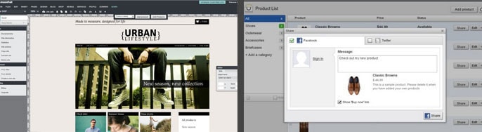 Screenshots of Moonfruit's site builder and online store systems