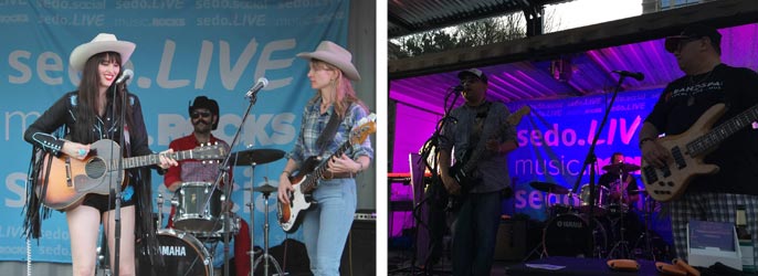 Bands perform on a stage sponsored by Sedo