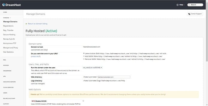 Screenshot of DreamPress domain management dashboard