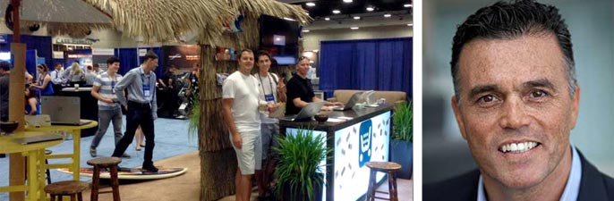Collage of the Ecwid booth and portrait of Jim O'Hara