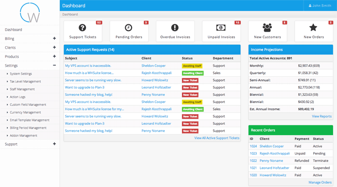 WHSuite Screenshot of WHSuite dashboard