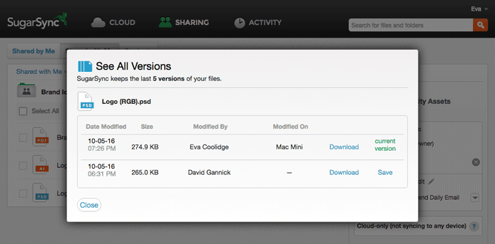 SugarSync File Versioning Screenshot of SugarSync's automatic file versioning