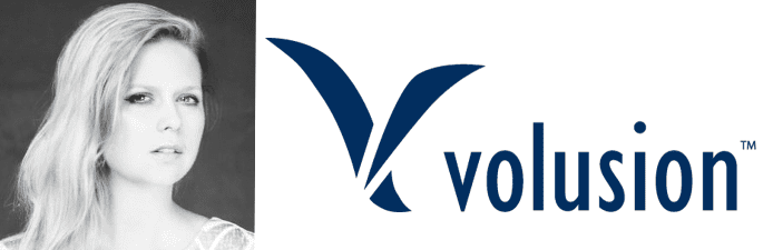 Volusion's Turnkey Platform Headshot of Sarah Lewis and Volusion logo