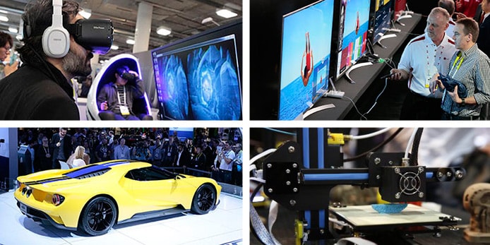 CES Images from previous CES showing a new car, televisions, 3D printing, and people wearing virtual reality goggles
